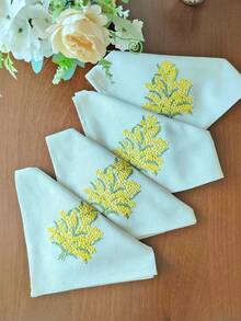 Cirelle Embroidered Mimosa Napkins, Yellow Floral Botanical Table Decor, Hand-Embroidered Washable Cloth Napkin For Spring Dining, Wedding & Tea Party - Multicolor - View 12