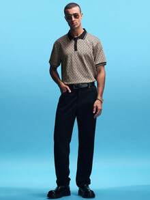 NobleFwd 男士满版印花撞色条纹拼色 Polo 衫 男士几何印花 Polo 衫 男士图案 Polo 衫 男士时尚 Polo 衫 男士 Polo 衫 男士高尔夫衬衫，复古风 - 卡其色 - 查看 5