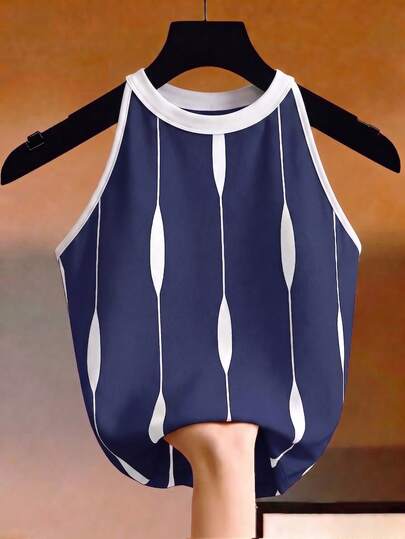 GlowEve Áo tank top nữ kiểu Pháp thanh lịch, cổ yếm, in sọc, phong cách retro.