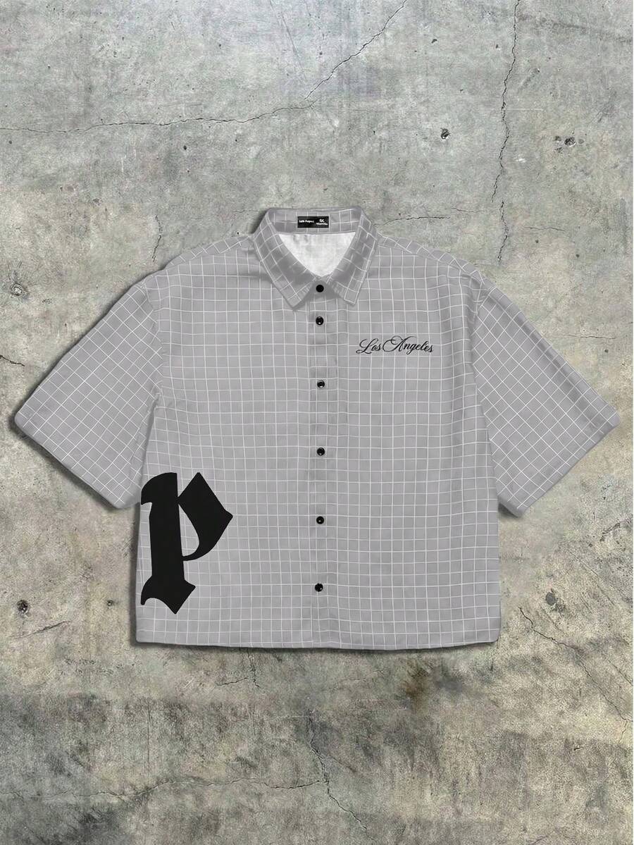 AXEPEAK Men's Loose Fit Letter & Plaid Print Short Sleeve Woven Shirt - Light Grey - View 1