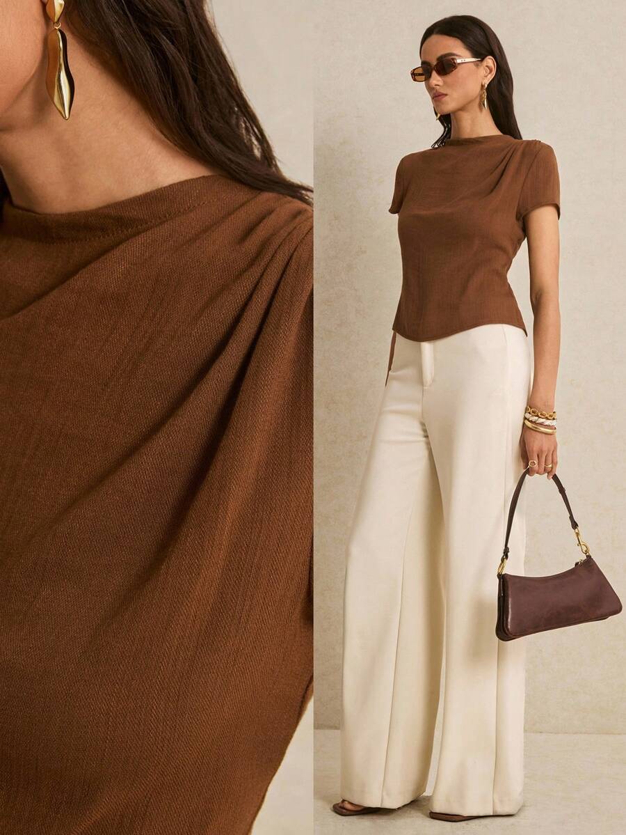 Poéselle 女士纯色褶皱肩短袖休闲T恤 - 棕色 - 查看 1