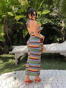 Vestido de tubo con cuello halter a rayas coloridas para mujer de talla grande - Multicolor 3 - Ver 2