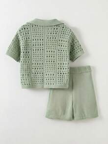 2pcs Young Boys Casual Vacation Palm Tree Crochet Texture Polo Collar Cardigan And Shorts Set, Comfortable And Versatile - Green - View 2