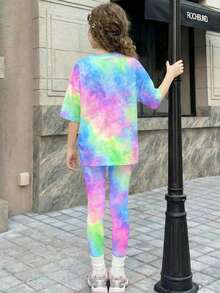 Colorful Tie-Dye Print Pattern, Young Girl Casual Short Sleeve T-Shirt And Leggings 2-Piece Set - Multicolor - View 2
