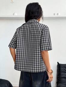 DrmWander Áo sơ mi nữ tay ngắn kẻ caro phong cách đường phố, có túi khóa kéo. - Nhiều màu - Xem 2