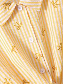 2pcs/Set Girls Pink Striped Textured Fabric Short Sleeve Shirt And Casual Pants,Cute Summer White Family Matching Outfit,Collared Button-Up Bow Top - Yellow - View 4