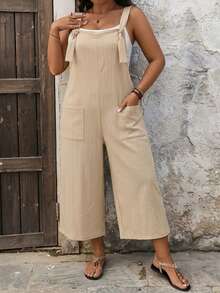 Breezaya Jumpsuit Kasual Ukuran Besar Warna Polos dengan Dua Saku, Cocok untuk Liburan Formal, Warna Khaki, Musim Panas - Khaki - View 4