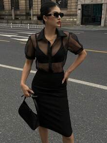 DAZY Áo sơ mi nữ tay dài cổ bẻ xuyên thấu - màu đen - Xem 7