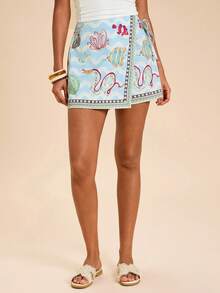 SHEIN TRVLCHIC 女士度假海洋生物印花不对称下摆系带腰裙裤 - 彩色 - 查看 4