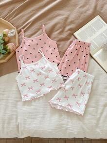SHEIN Bộ đồ ngủ 8 món cho bé gái, màu trơn, họa tiết mây và nơ, gồm áo hai dây và quần short dệt kim, gồm áo hai dây và quần short. - Nhiều màu - Xem 10