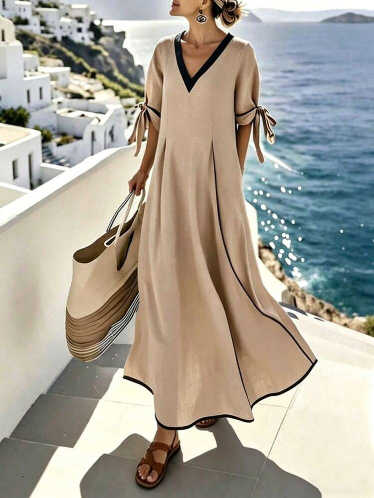 Balvessa 女士卡其色撞色黑色滚边V领长连衣裙，袖子可系带，优雅度假风连衣裙，夏季连衣裙，春季连衣裙，女士优雅派对连衣裙，优雅连衣裙，女士度假装扮 - 卡其色 - 查看 1
