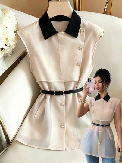Elenzga 女士休闲优雅衬衫领撞色腰带纽扣装饰风衣