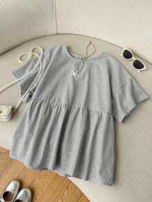 SHEIN EZwear Áo sơ mi nữ kẻ sọc cổ tròn dệt kim kiểu dáng thường ngày - Đen và trắng - Xem 3