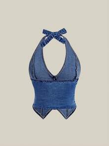 Selenza Women's Single-Breasted Lapel Collar Fitted Denim Shirt - Dark Wash - View 2