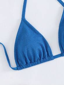 Slaydiva Top de traje de baño de talla grande para vacaciones de verano, de unicolor y textura de cuello halter - Azul - Ver 6