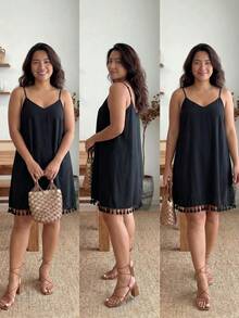 Đầm hai dây cỡ lớn phong cách Boho viền tua rua, thích hợp cho mùa hè, đi biển, dự tiệc. - màu đen - Xem 5