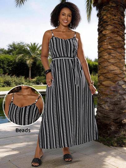 BrightlyHer Plus Size Black And White Striped Beaded Camisole Dress,Women's Summer Boho Vacation Holiday Casual Beach Outfit,Spring Country Concert Clothing