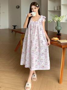 DAZY 夏季甜美卡通小狗印花荷叶边系领宽松女士睡裙 - 白色 - 查看 4