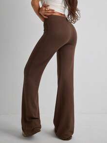 Women's Casual Commuting Minimalist Solid Color Elastic Waist Flare Pants - Brown - View 3