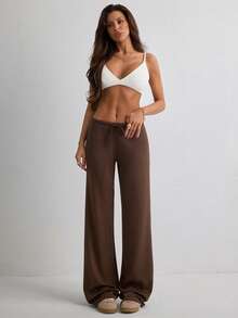 Women's Casual Black Wide Leg Fabric Pants With Drawstring Detail Long Medium Stretch - Brown - View 4