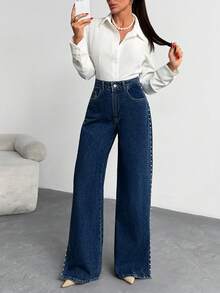 EURMUSE Pärljeans med hög midja och vida ben i denim med sidoslits - Mörktvätt - Visa 4