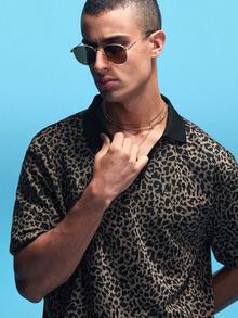 NobleFwd Men's Leopard Print Contrast V-Neck Polo Shirt, Suitable For Outings And Parties Men's Vaca Shirts Men's Party Shirt Cheetah Print Men Shirt Men Leopard Shirt Streetwear Men Shirt Old Money,Daily Leisure, Weekend Trips, Outdoor Activities, Travel Expeditions, Relaxed Work Environments Or Semi-Formal Occasions, Boyfriend/Husband Gift, Anniversary /Birthday Gift Party Christmas New Years - Khaki - View 5