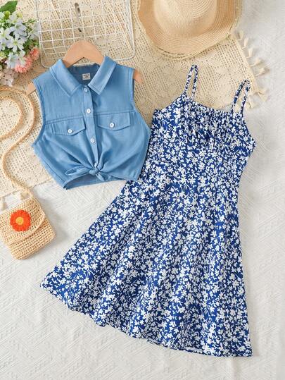 SHEIN 2pcs/Set Tween Girls' Blue & White Floral Print Camisole Dress And Denim Jacket Outfit, Spring/Summer, Casual Vacation School Looks For Spring/Summer/Autumn