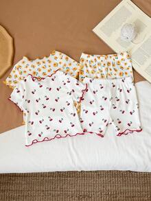 SHEIN LMoss Kids Dozemod 女嬰 4 件組可愛圖案荷葉邊圓領短袖短褲休閒舒適睡衣套裝，夏季 - 黃色 - 查看 2
