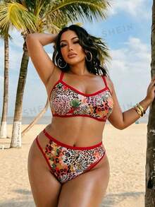 SHEIN Swim SXY 2pcs Plus Size Women Floral Print Spaghetti Strap Triangle Bikini Swimsuit, Sexy Vacation - Multicolor - View 5
