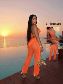 Slaydiva Bộ bikini gợi cảm cho kỳ nghỉ biển năm 2026 + Quần co giãn xếp ly độc đáo, Bộ 3 món gợi cảm, Bộ 3 món thanh lịch, Bộ 3 món cho kỳ nghỉ biển. - Màu Cam cháy - Xem 1