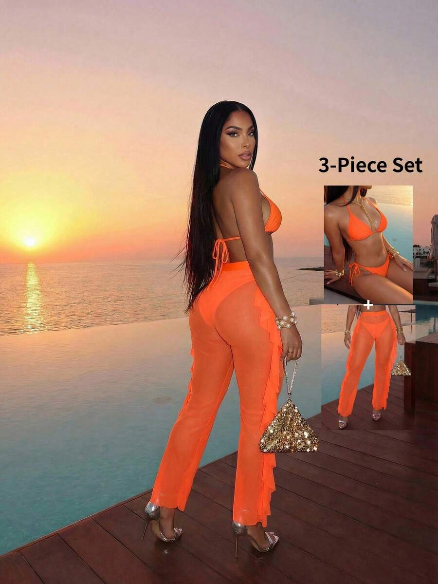 Slaydiva Bộ bikini gợi cảm cho kỳ nghỉ biển năm 2026 + Quần co giãn xếp ly độc đáo, Bộ 3 món gợi cảm, Bộ 3 món thanh lịch, Bộ 3 món cho kỳ nghỉ biển. - Màu Cam cháy - Xem 1