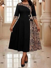 SHEIN Lady CURVE Đầm ngắn tay cổ tròn in họa tiết hình học dành cho nữ cỡ lớn - màu đen - Xem 4