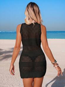 Momance Robe de cache-maillot de maternité noire ajourée sans manches, vacances à la plage, vacances d'été, tropical - Noir - Voir 2
