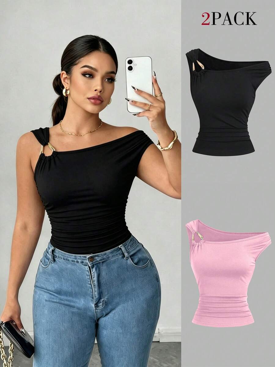 Elenzga Plus Size 2pcs/Set Asymmetric Collar Fitted T-Shirt, Versatile Casual Top, Spring/Summer - Multicolor - View 1