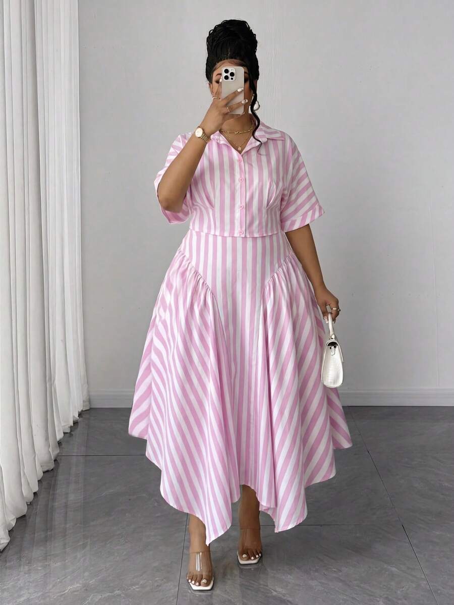 Maweii Spring, Summer, Autumn Casual Chic Short Shirt Collar Loose Asymmetric Hem Blouse And Striped Midi Skirt 2-Piece Set, Fashionable Daily Wear, Plus Size - Pink - View 1