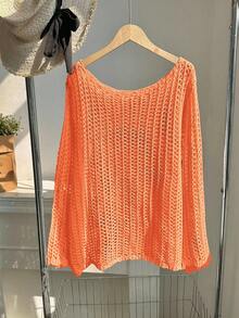 SHEIN EZwear Plus Size Women Open Knit Casual Vacation Solid Color Semi-Sheer Sweater, Autumn - Pink - View 2