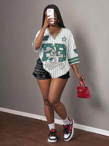 Slaydiva LOONEY TUNES X SHEIN Áo thun nữ in chữ và số theo phong cách tối giản, thoải mái, thích hợp cho mùa hè. - Nhiều màu - Xem 3