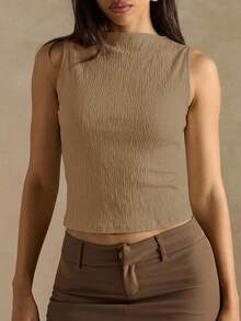 SHEIN BAE 女士纯色立领修身休闲背心 - 卡其色 - 查看 4