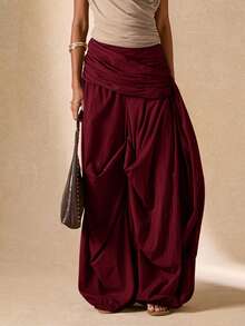 SHEIN BAE Damen Einfarbige Plissee Taille Weite Bein Loose Hose - Bordeaux - Übersicht 5