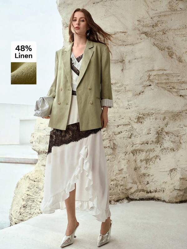 MOTF PREMIUM 亚麻混纺宽松双排扣西装外套