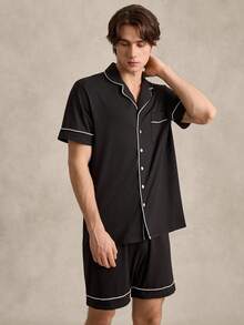 EverLounge Conjunto de pijama / pijama para hombres con ribete de contraste - Negro - Ver 6