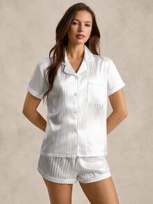 EverLounge Ensemble de pyjama satin à boutons et rayures, blanc - Blanc - Voir 5