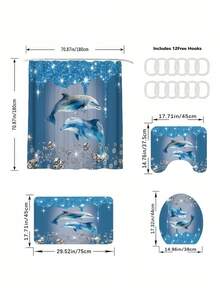 1 pieza/ 4 piezas Juego de cortina de baño de lujo con delfín y diamantes Conjunto premium de poliéster impermeable y resistente al moho, extra ancho, decoración de baño con estampado de animales marinos, estilo moderno azul y plateado, regalos de - Multicolor - Ver 3
