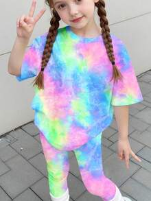Colorful Tie-Dye Print Pattern, Young Girl Casual Short Sleeve T-Shirt And Leggings 2-Piece Set - Multicolor - View 3