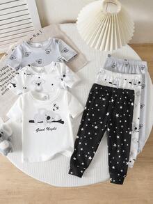 Bộ 6 món cho bé trai sơ sinh, gồm áo liền thân tay ngắn cổ tròn in hình gấu Koala hoạt hình dễ thương và quần short, chất liệu mềm mại, thoải mái. - Đen và trắng - Xem 3