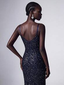 Elitara Váy dạ hội trang trọng không tay đính sequin cho nữ (Kiểu dáng nặng) Váy dự tiệc cưới thanh lịch, dự tiệc tốt nghiệp, váy dự tiệc tối - Màu xanh hải quân - Xem 4