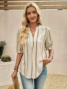 EMERY ROSE Women's Casual Boho Loose V-Neck 3/4 Sleeve Shirt, Summer, Suitable For Daily Wear And Outings, Blue And White Striped Design Vacation - Khaki - View 3