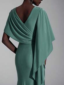 Elitara Gaun Bridesmaid Model Ekor Ikan Seksi dengan Belahan Samping, Elegan dan Mewah dari Satin dengan Hiasan Lengan Berkerut dan Belahan Samping. - Olive Green - View 3