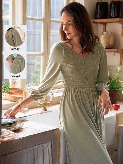 Dayvera Đầm dài dự tiệc thanh lịch cổ chữ V, eo nhún màu trơn cho nữ; Đầm xanh lá cây thường ngày thanh lịch cổ chữ V cài cúc phía trước, eo cao; Đầm midi cho kỳ nghỉ xuân hè, trang phục đi biển; Đầm jersey thường ngày cho nữ; Đầm mùa hè cho nữ; Đầm xuân cho nữ; Đầm mặc nhà cho nữ.