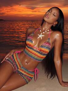 Slaydiva 新款春夏纹理针织性感抽绳沙滩度假吊带上衣和阔腿裤两件套泳衣套装（女款） - 彩色 - 查看 3